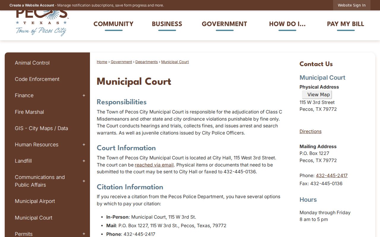 Official Pecos Municipal Court page with court responsibilities and citation options