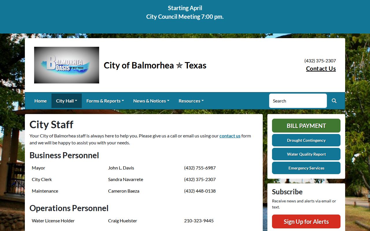 Official Balmorhea city staff page showing the city clerk contact