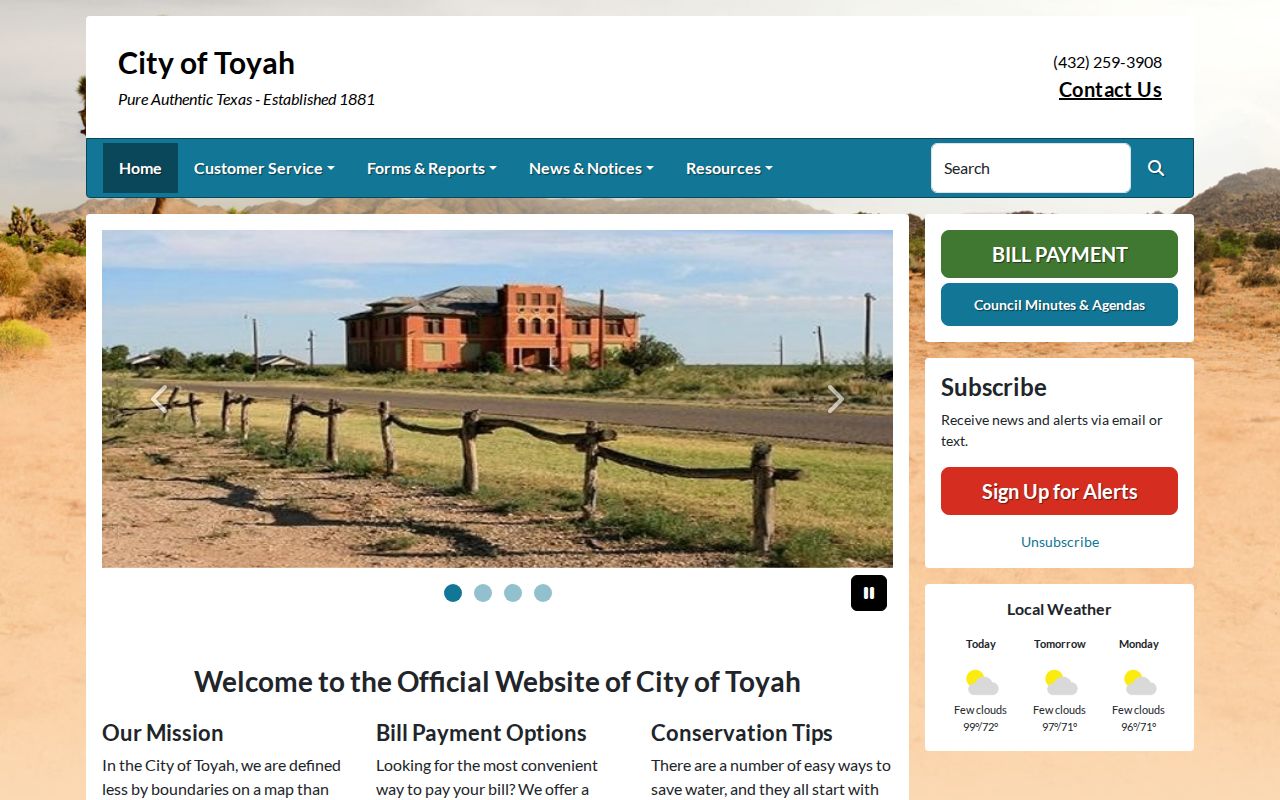 Official Toyah website showing city notices and services rather than a court docket search