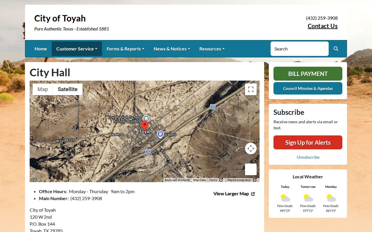 Toyah City Hall page with official address, telephone, and office hours