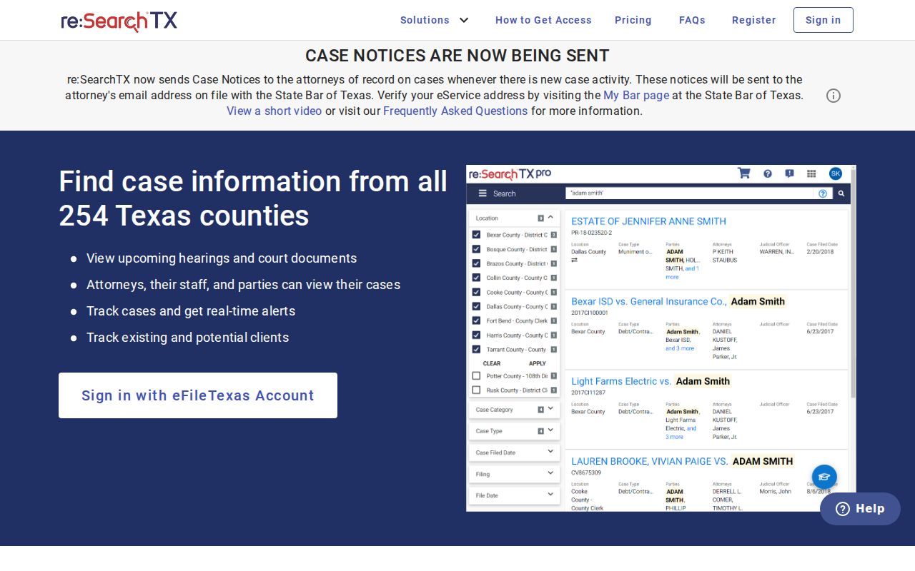 Reeves County court docket statewide re SearchTX landing page